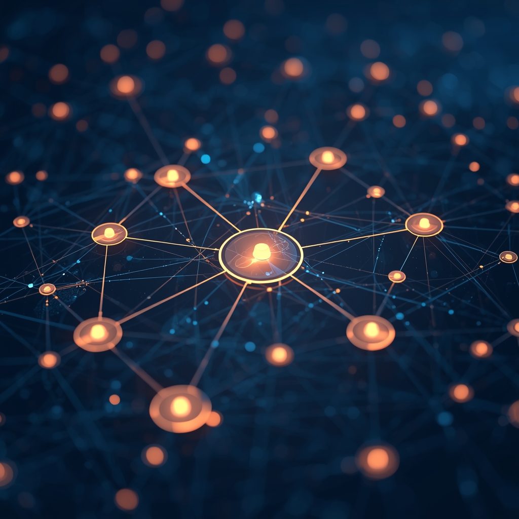 A digital network topology diagram with glowing interconnected nodes and data flow lines on a deep blue background, no people, no text