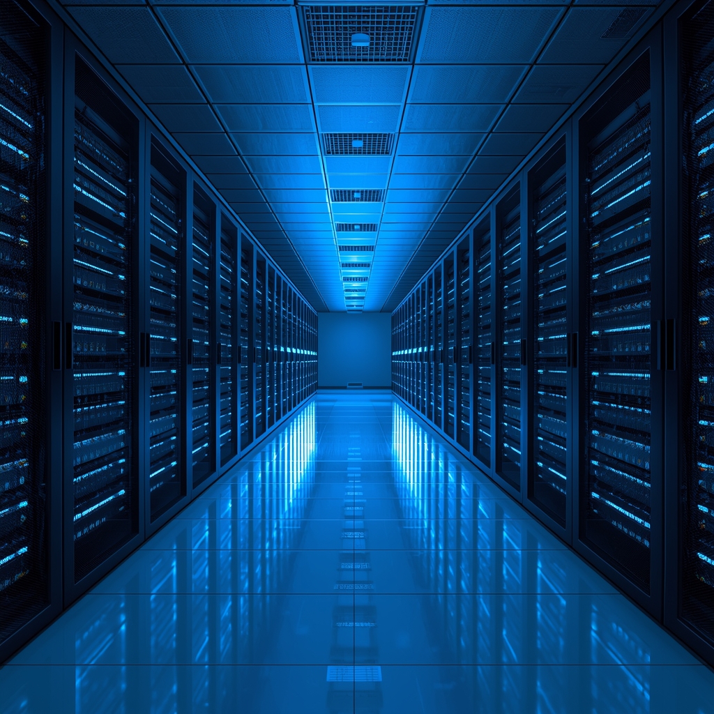 A modern server room with rows of illuminated blue server racks, cool lighting, and clean aisle layout, no people, no logos